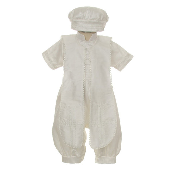 Rain Kids Baby Boys Ivory Silk Button Stole Hat Baptism Romper 6-12M - SophiasStyle.com